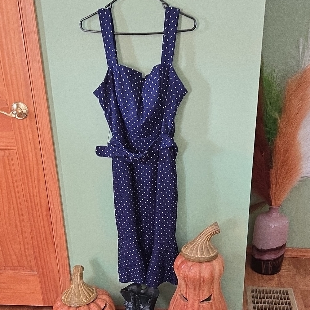 Elegant Navy and White Polka Dot Midi Dress
